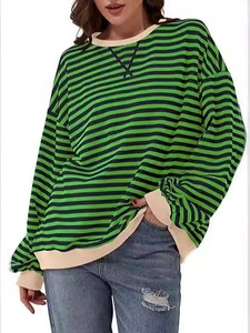 Women's green and blue striped crewneck sweatshirt with ribbed trim and casual fit