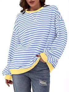 Women's Casual Striped Long Sleeve T-Shirt Color Block Round Neck Ribbed Trim Loose Fit Polyester Spandex Pullover Top