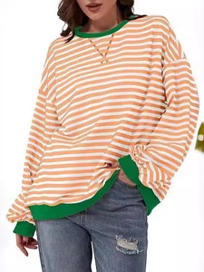 Oversize long sleeve striped tee with green contrast ribbing and round neckline