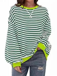 Striped long sleeve sweatshirt with green ribbed trim and crew neck details