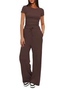Women's two-piece casual set with short sleeve pleated top and wide leg pants in coffee