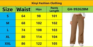 Size chart detail for high waist wide leg sweatpants with measurements from S to XXL