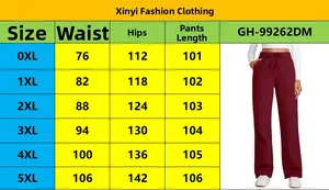 Size chart showing 0XL to 5XL measurements for high waist wide leg sweatpants