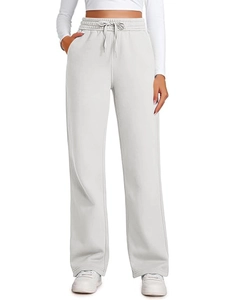 Women's light grey wide-leg sweatpants with high elastic drawstring waist in soft knit