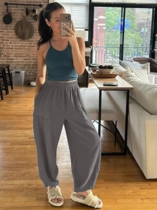 Detail view of high waist dark gray wide leg lounge pants with elastic waistband