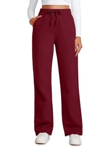Women's burgundy wide-leg joggers with high waist drawstring and comfortable fit