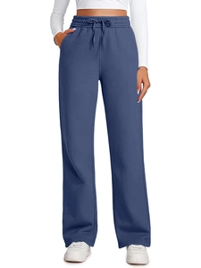 Women high waisted wide leg sweatpants with drawstring and pockets in navy blue color