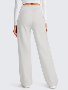Rear view of women's high-waist grey wide-leg sweatpants with elastic drawstring waist