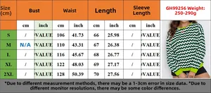 Size chart with measurements in cm and inches for the wave pattern long sleeve sweatshirt