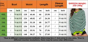 Detailed size chart for women's plus size wavy sweatshirt with 0XL to 5XL dimensions