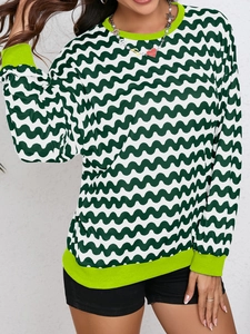 Detail of wave-pattern sweatshirt with vibrant neon green ribbed cuffs and neckline