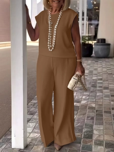 Women's casual sleeveless round neck top and wide-leg trousers set in dark brown