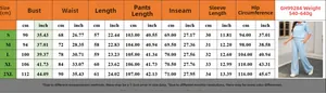 Size chart showing measurements for the summer casual short sleeve top and wide leg pants set