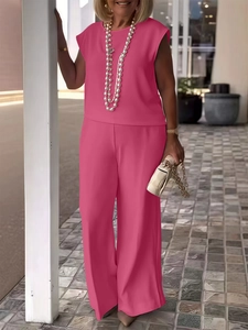 Detail of rose pink sleeveless top and high waist wide leg pants two-piece set for women