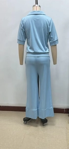 Detail view of light blue short sleeve polo top and wide leg pants set from the back