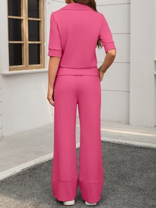 Back view of summer rose pink lounge set with short sleeve top and wide-leg trousers