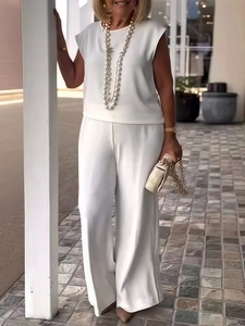 Women Elegant Solid Color Sleeveless Round Neck Top And Wide Leg Pants Casual Summer Polyester Outfit