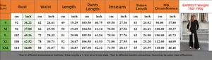 Detailed size chart for long sleeve lounge set showing bust, waist, and length measurements