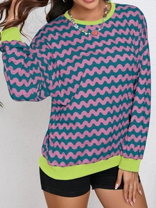 Women's wave pattern color-block sweatshirt with long sleeves and neon ribbed trim