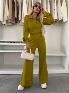 Women olive green polo long sleeve top and wide leg knit trousers two-piece set