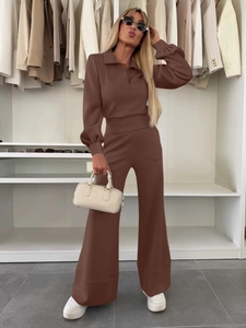 Women's 2-piece lounge set with dark brown lapel long sleeve top and wide leg pants