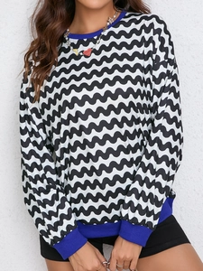 Women's Casual Wavy Pattern Color Block Long Sleeve Round Neck Sweatshirt Loose Fit Pullover Fashion Spring Top