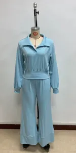 Close-up of light blue long-sleeve top and wide-leg pants on a mannequin display