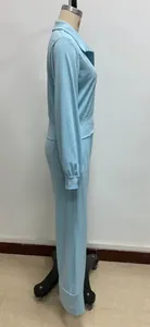 Detail view of light blue loungewear set featuring lapel collar and elastic waist details