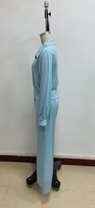 Side view of light blue long-sleeve loungewear set with lapel collar and wide-leg pants