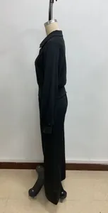 Detail view of black long-sleeve lapel top and elastic wide-leg pants lounge set