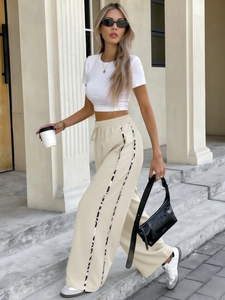 Damen Freizeithose mit weitem Bein, Kordelzug und Leopardenmuster-Seiteneinsätzen