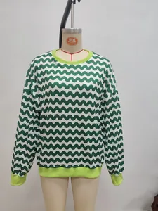 Close-up of lime green ribbed neckline and wavy striped pattern on oversized sweatshirt
