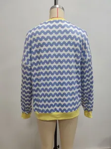 Detail view of the wave pattern sweatshirt back with yellow ribbed cuffs and neckline