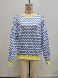 Detail of blue wave print sweatshirt with yellow ribbed collar and sleeve cuffs