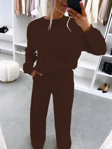 Women's dark brown two-piece lounge set with long sleeve sweatshirt and straight pants