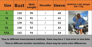 Size chart for women's long sleeve dress showing bust and length measurements in cm