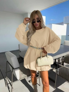 Beige oversized long-sleeve sweatshirt dress with skinny waist belt for women