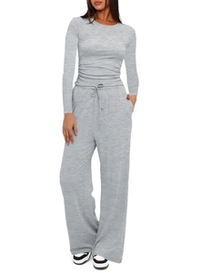 Detail of ruched side design on grey long sleeve top with drawstring wide leg pants