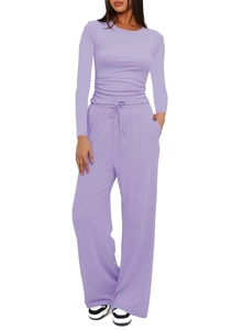 Front view of a light purple two-piece set with long-sleeved top and wide-leg drawstring pants