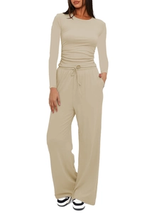 Detail of light khaki lounge set with drawstring wide leg pants and ruched long sleeve top