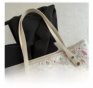 Detail view of floral print tote bag with bear motifs and textured fabric