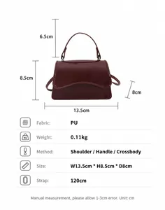 Size chart for small square PU bag showing dimensions 13.5x8.5x8cm and strap length