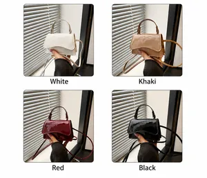 Collage of glossy patent leather mini handbags in white, khaki, red, and black finishes