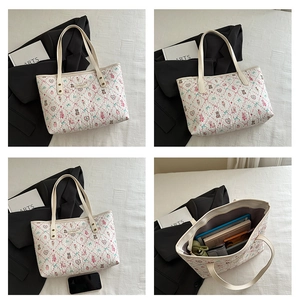 Detailed views of a large quilted tote bag featuring cute cartoon animal prints and ample space