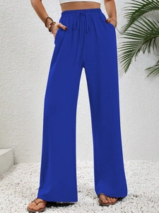 Women's royal blue wide leg trousers with elastic drawstring waist and relaxed fit