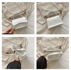 Multi-angle view of white patent leather mini bag with curved handle and magnetic flap