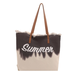 Canvas tote tas met zwart-wit verloop, franjes aan de randen en Summer-print