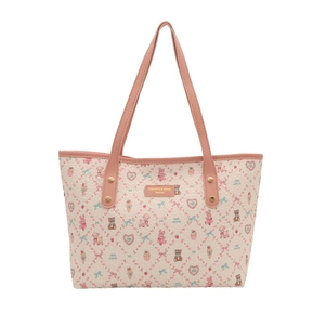 Summer tote bag with cartoon bear print and pink shoulder straps on white background