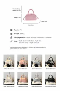 Detailed chart showing PU Boston bag dimensions and versatile color options with pearls
