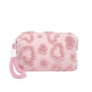 Pink plush tote bag with heart leopard pattern and comfortable carry handle